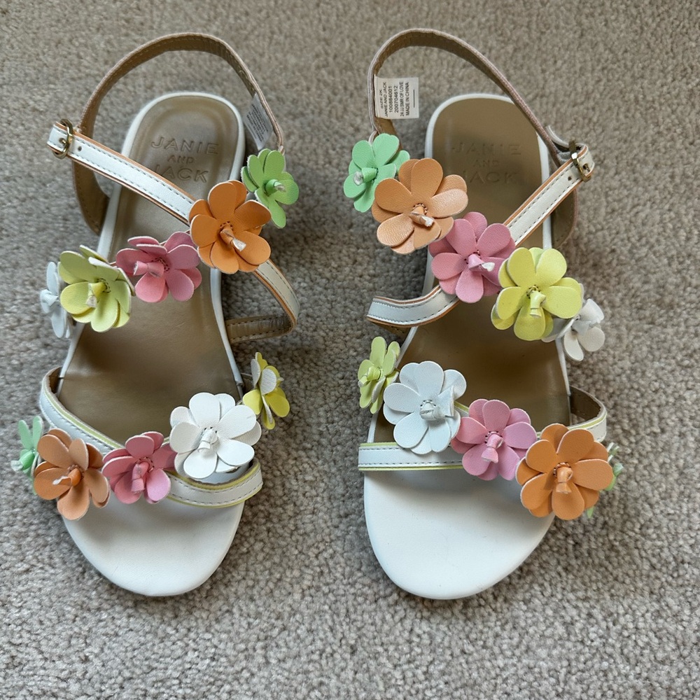 Janie and Jack White and Orange Sandals with Floral Embellishments